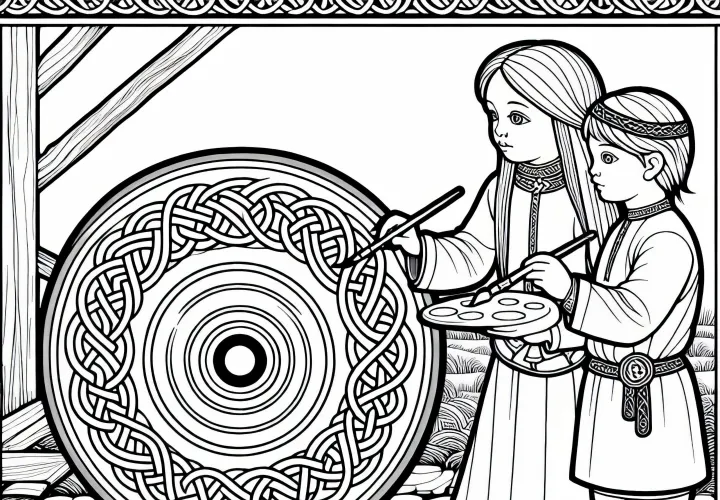 Дети раскрашивают тарелку с кельтскими узорами – раскраска для кельтов