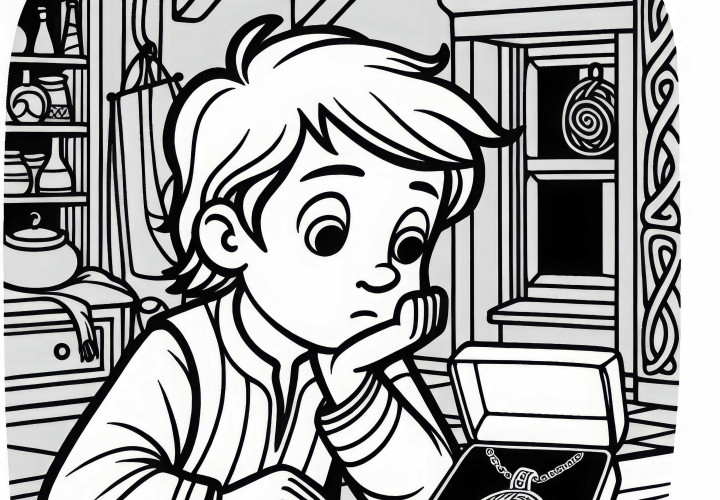 Gutt ser på smykkeanheng med spiral mønster – Fargeleggingsmal for kelterne gratis