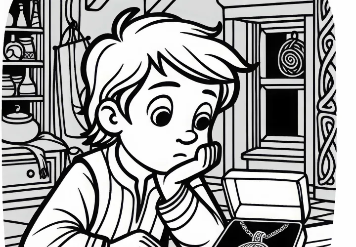 Мальчик рассматривает украшение с узором спирали – раскраска кельтов бесплатно