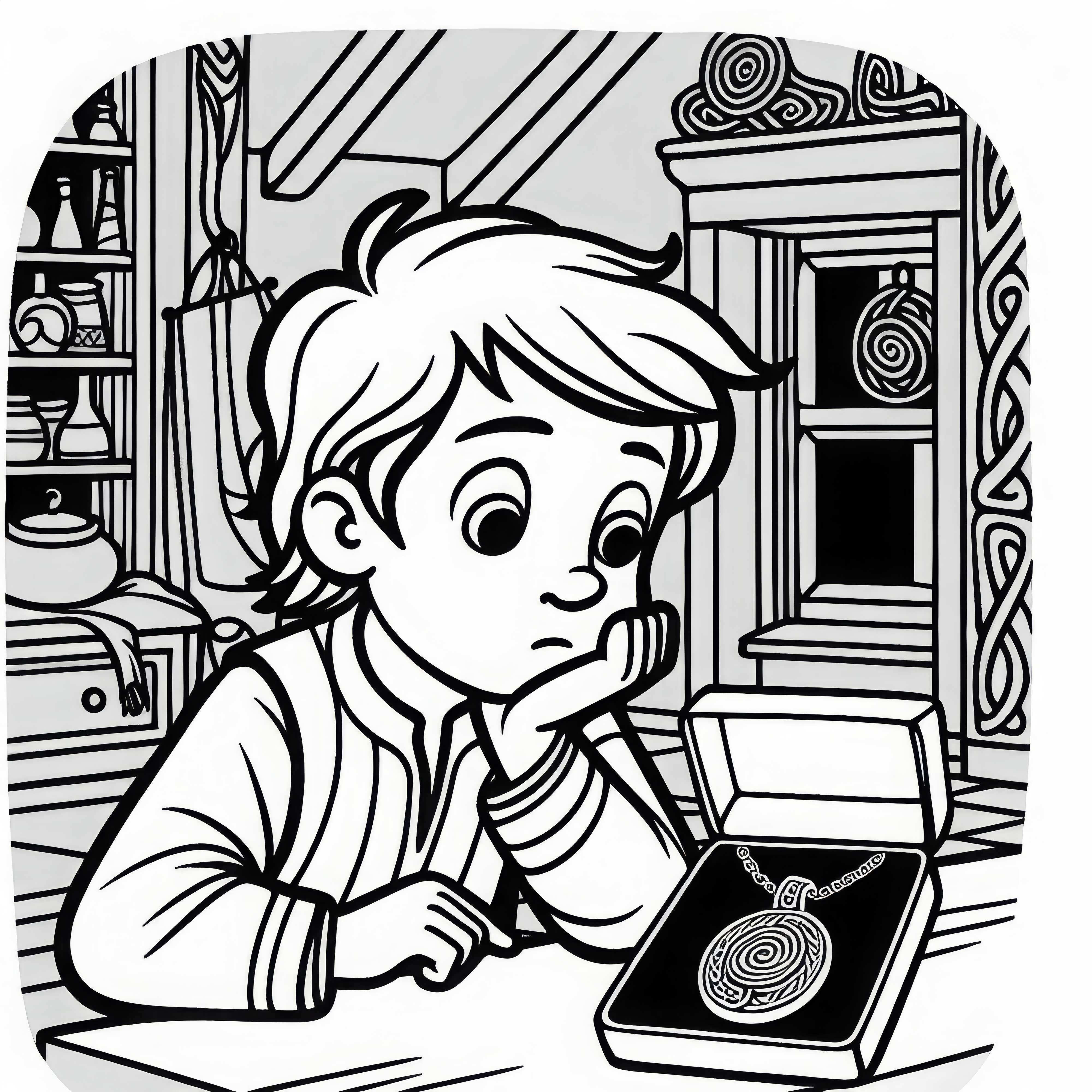 Menino observa pingente de joias com padr&atilde;o espiral - Desenho para colorir dos celtas gr&aacute;tis