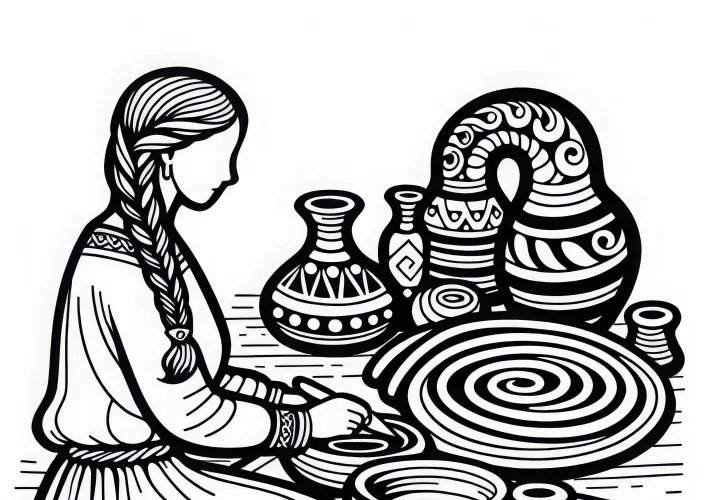Девочка формирует глиняные фигурки в спиралях – Бесплатный рисунок для раскрашивания кельтов