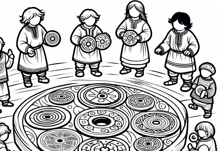 Barn leker med treplater og inngravde symboler – Fargeleggingsbilde for kelterne