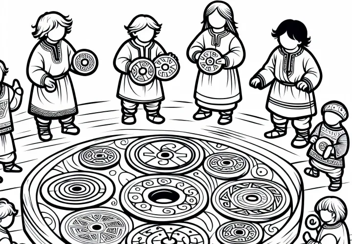 Дети играют с деревянными дисками и вырезанными символами – Раскраска для кельтов