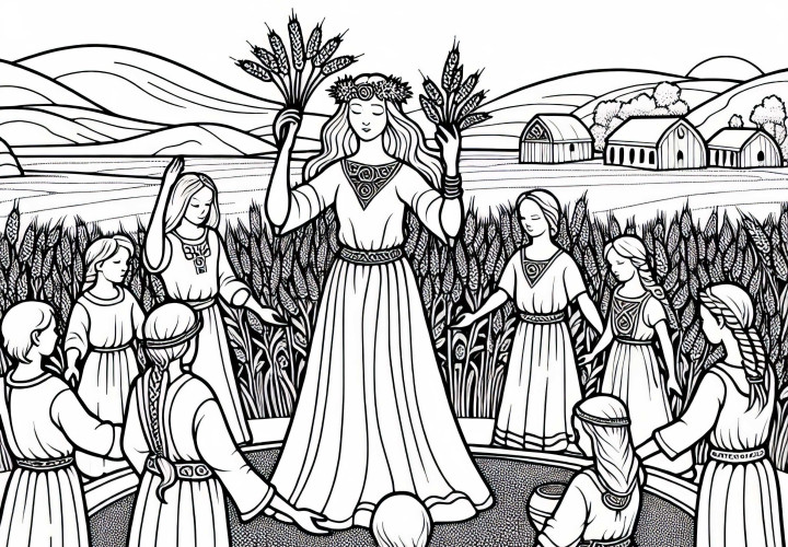 Høstens fest: Barna bringer kornkorn og danser i ring – gratis bensinmalingsbilde av kelterne