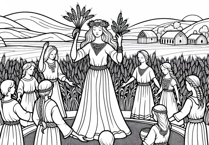 Праздник благодарения: Дети приносят зерна и танцуют в кругу – Раскраска кельтов бесплатно