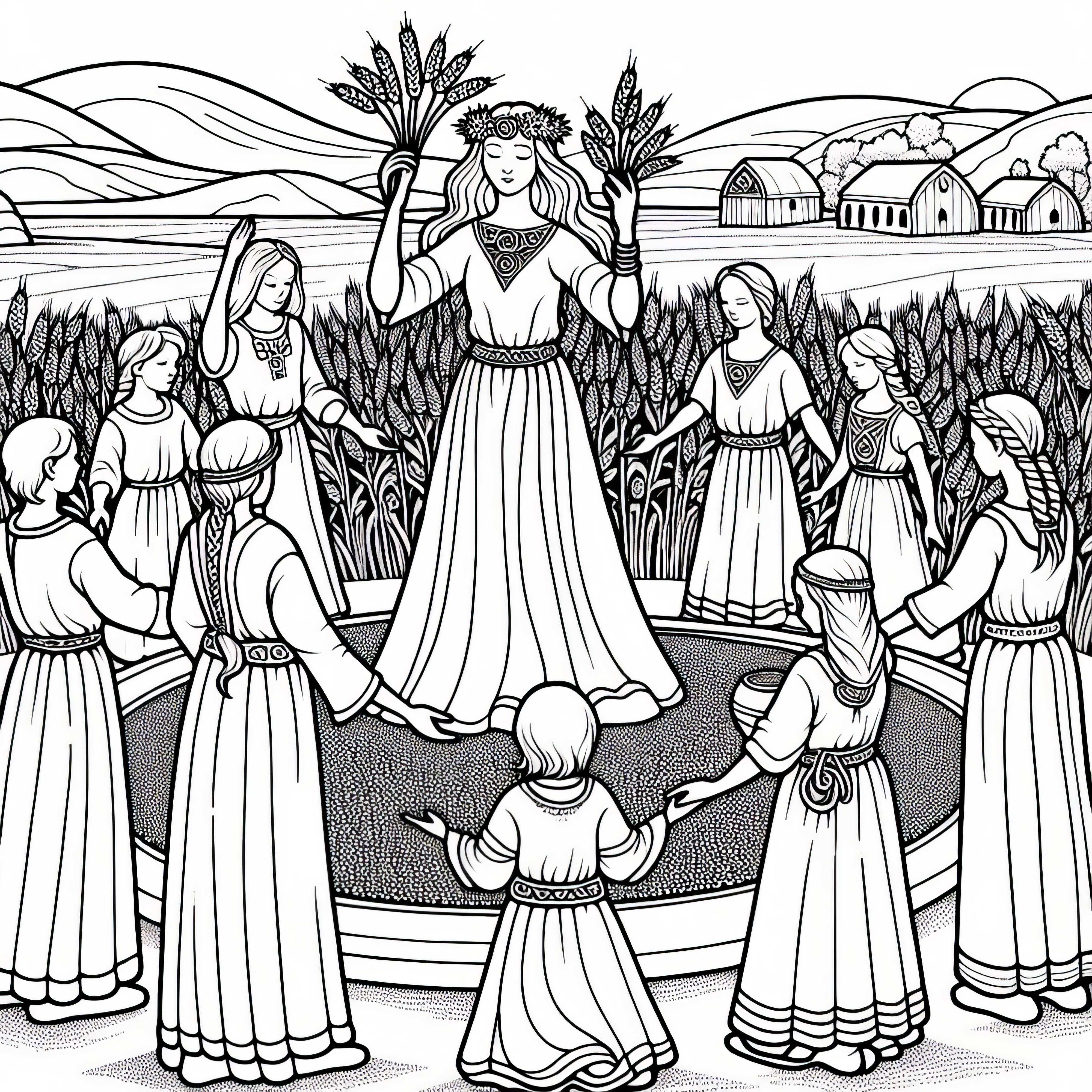H&oslash;sttakkefest: Barn bringer korn og danser i ring &ndash; Gratis fargeleggingsbilde av kelterne