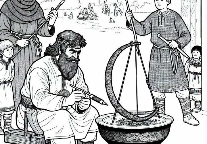 Hunensmed viser barna hvordan buen blir laget – gratis fargeleggingsmal for hunere