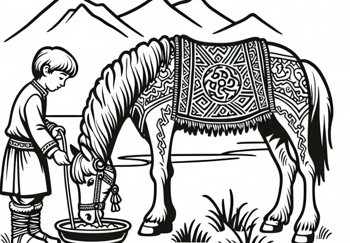 Gutt som mater en kraftig steppehest – Maleark for Hunere gratis