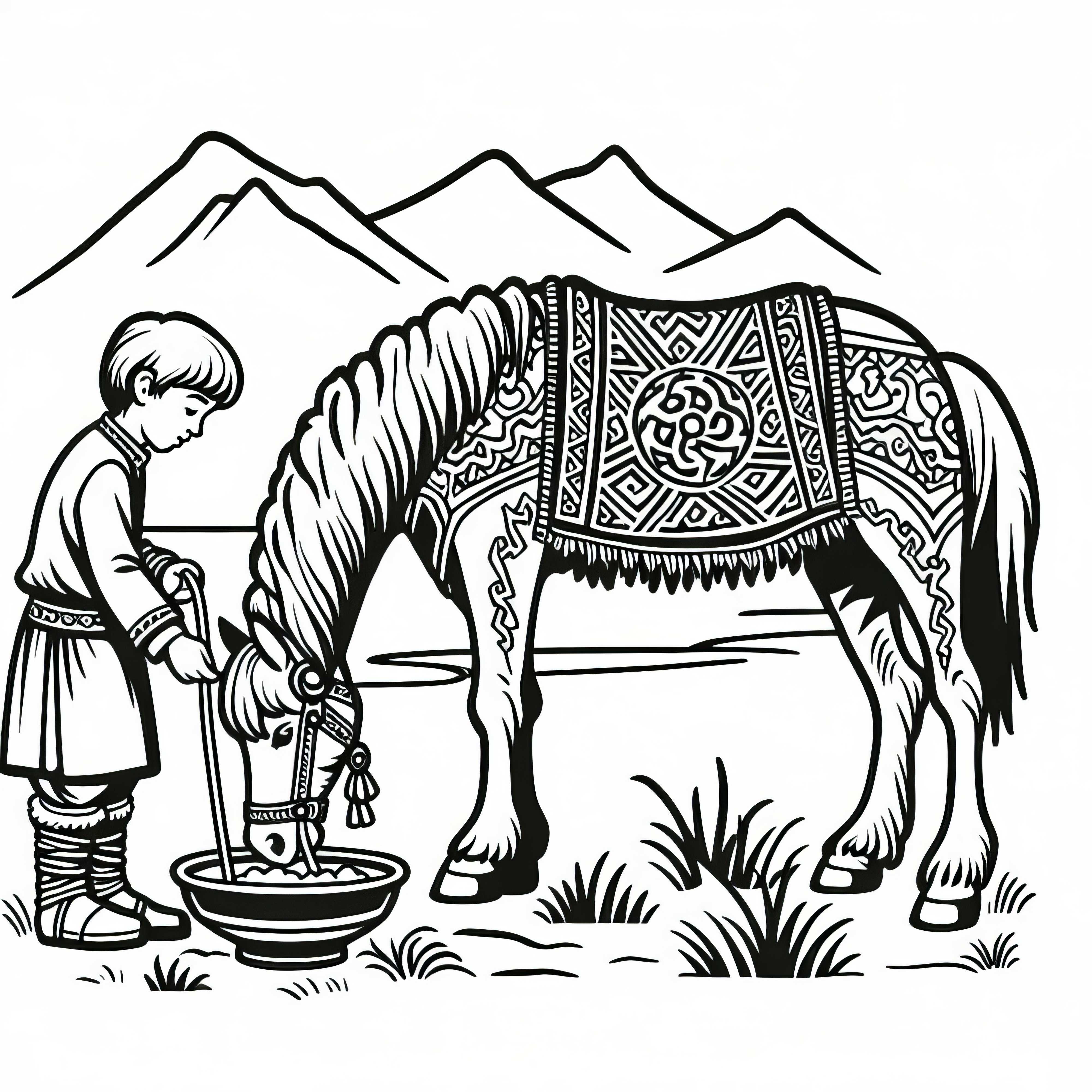 Menino alimentando um forte cavalo da estepe - Modelo para colorir dos hunos grátis Menino alimentando um forte cavalo das estepes - modelo para colorir grátis