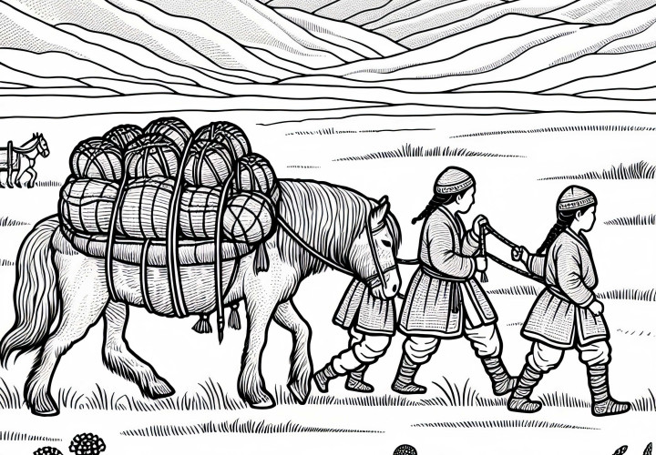Два ребенка ведут нагруженную поклажей наездную лошадь через широкие травянистые просторы – раскраска гуннов бесплатно