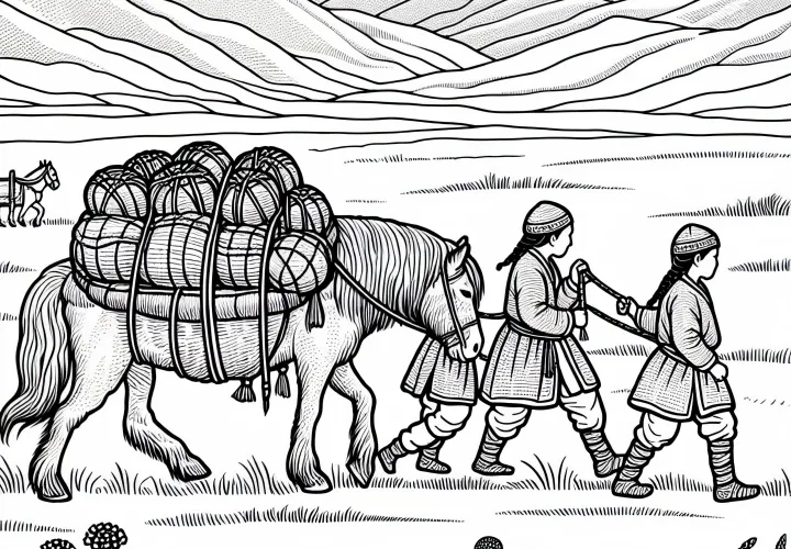 To barn fører et lastet pakkesel gjennom vidt gresslandskap – Malebilde hunner gratis