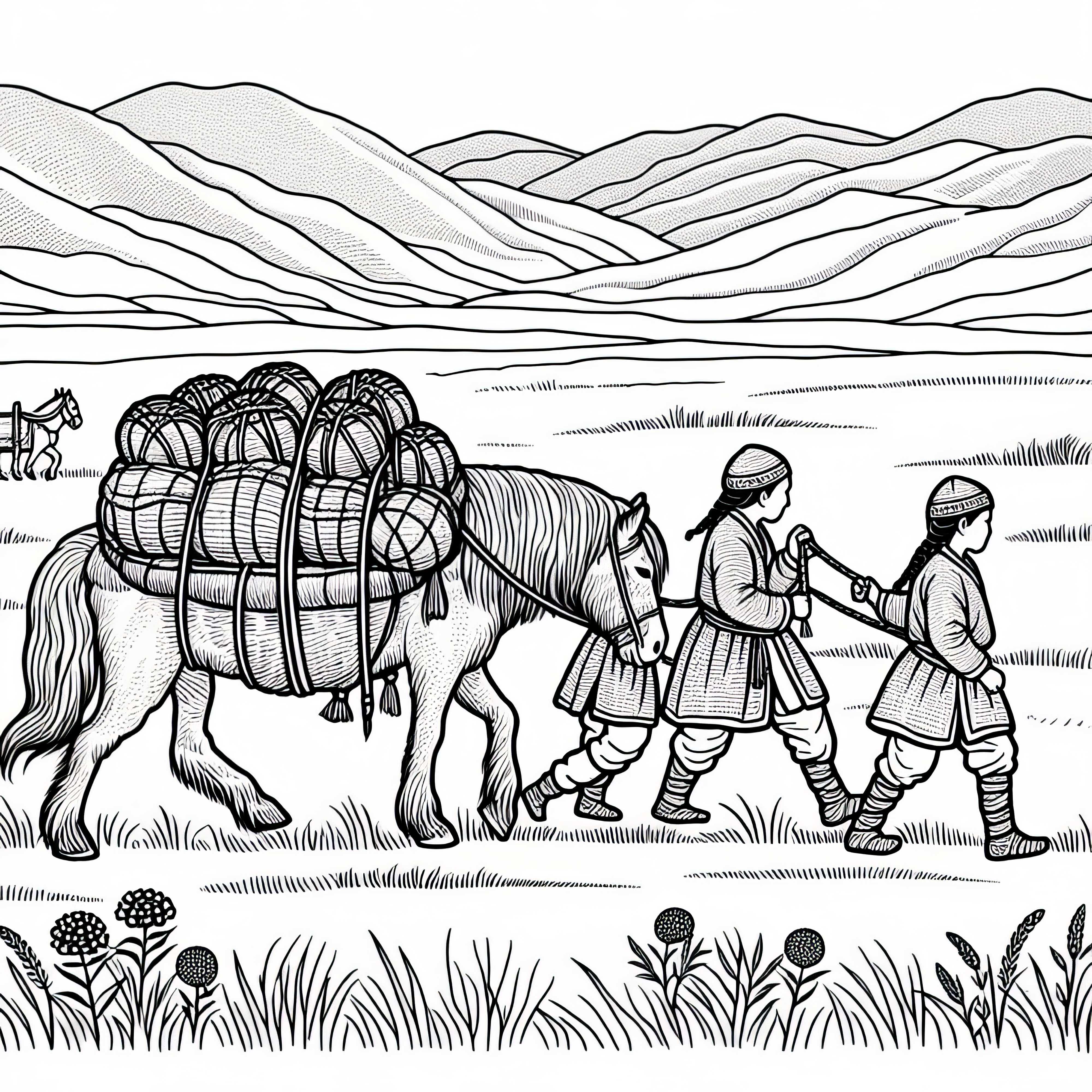 Zwei Kinder f&uuml;hren beladenes Packpferd durch weite Graslandschaft &ndash; Malvorlage Hunnen kostenlos
