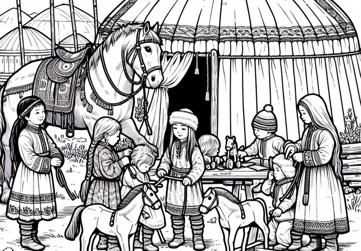 Дети с маленькими деревянными лошадками перед юртой – бесплатная раскраска гуннов