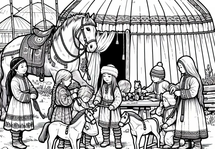 Barn med små trehester foran jurta – gratis fargeleggingsmal for hunere