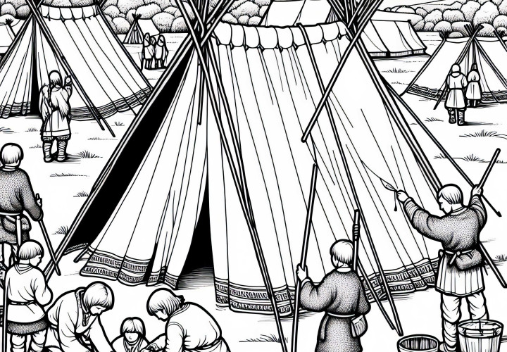 Хуннендорф с палатками – дети помогают в установке – бесплатный раскраска Хуннов