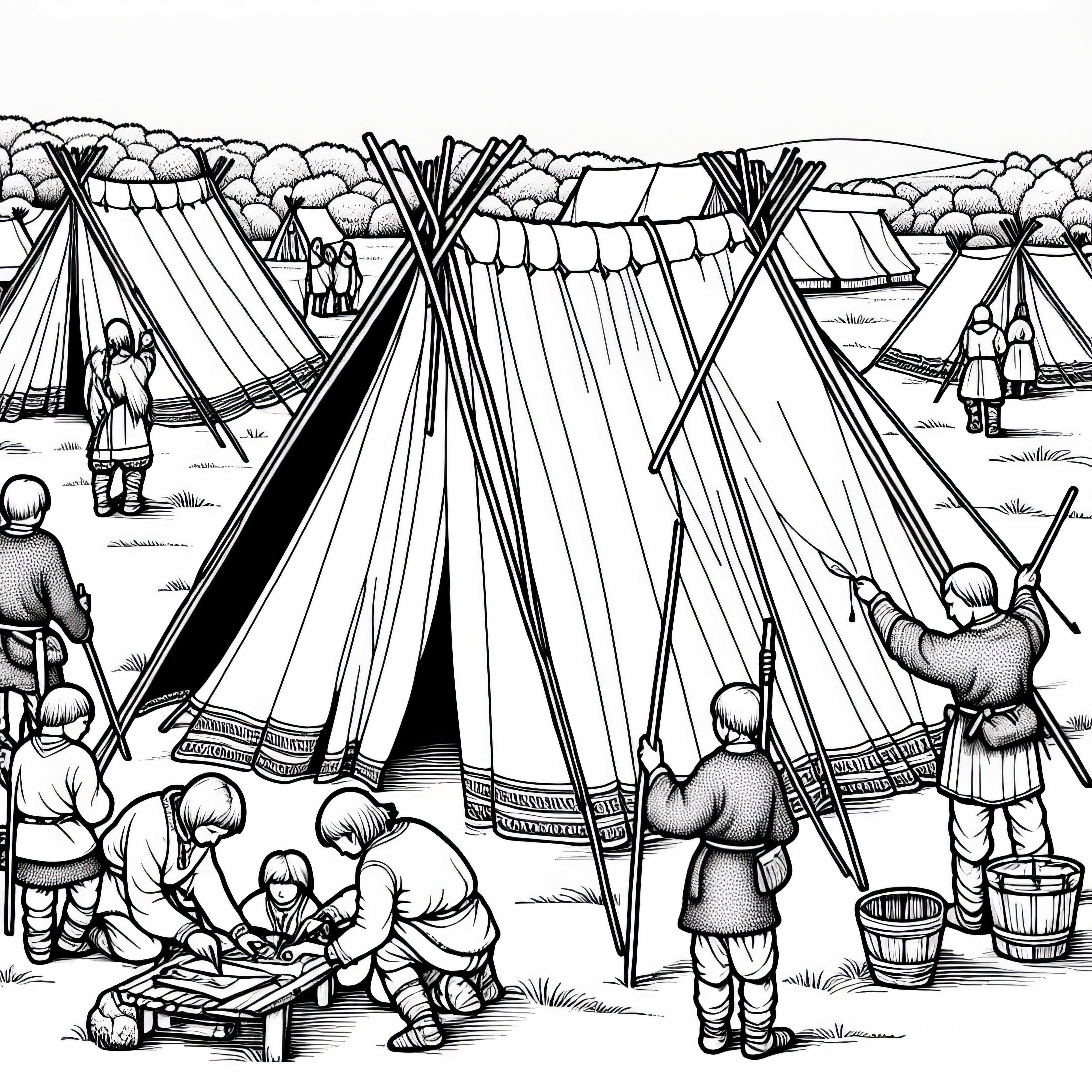 Hunnendorf mit Zelten &ndash; Kinder helfen beim Aufbau &ndash; Malvorlage Hunnen gratis
