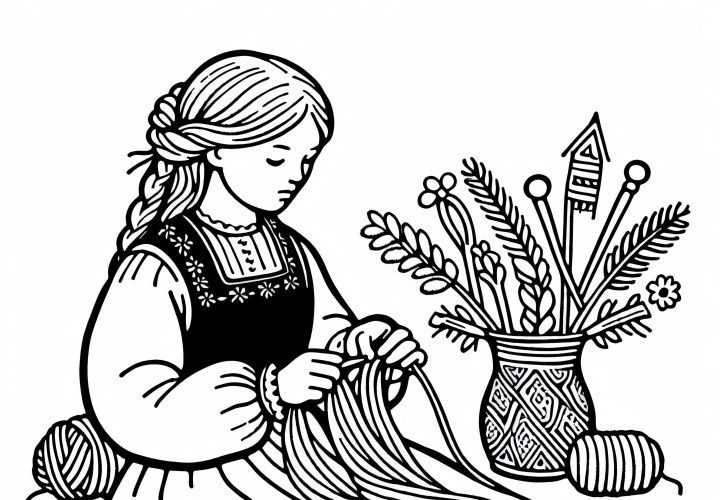 Девочка плетет шершащие ленты для украшения одежды – бесплатная раскраска гуннов