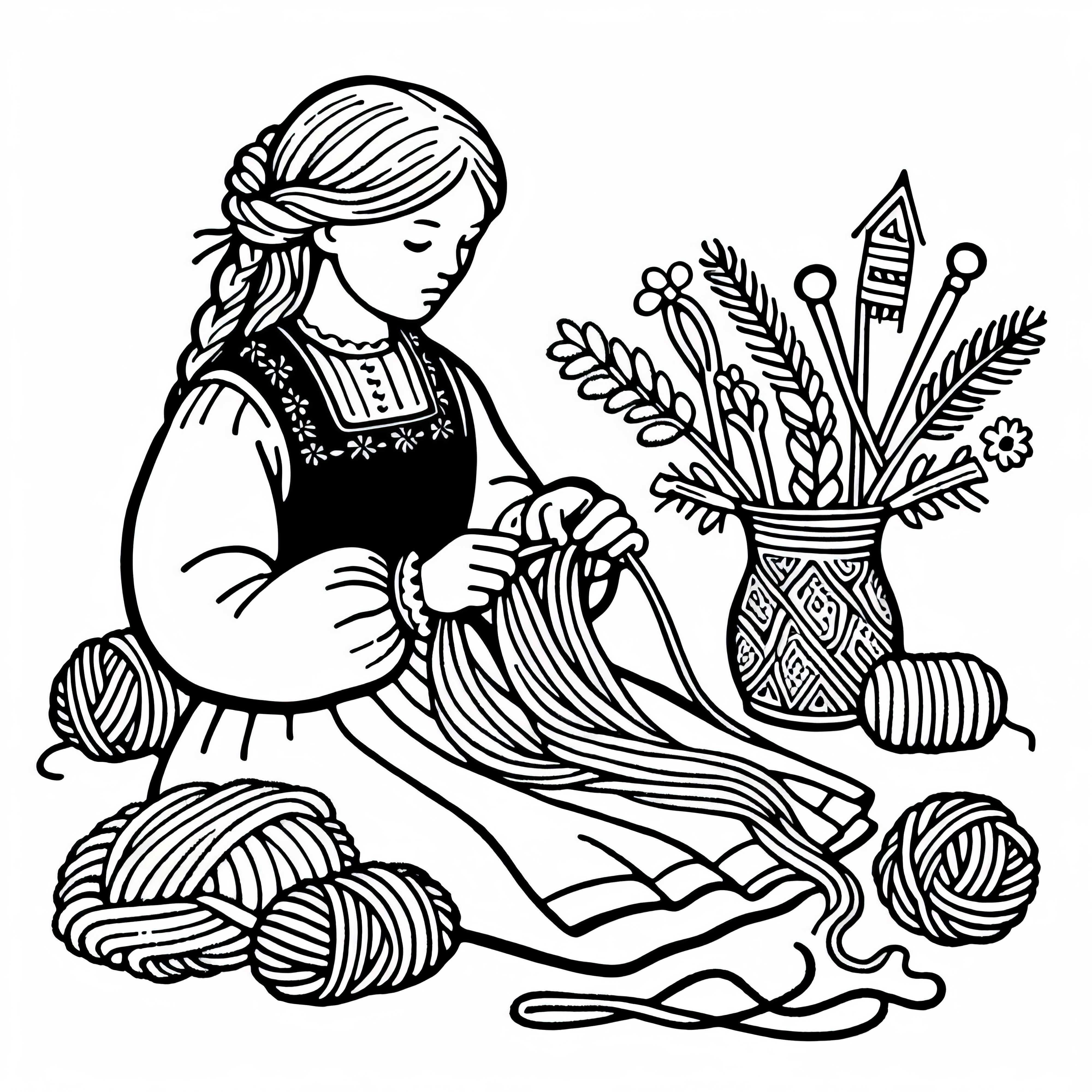 소녀가 옷을 장식하기 위해 양모로 리본을 엮고 있습니다 &ndash; 무료 색칠 공부용 그림 헝가리족