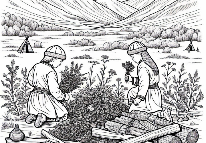 Дети собирают травы и дерево в степи – раскраска гуннов бесплатно