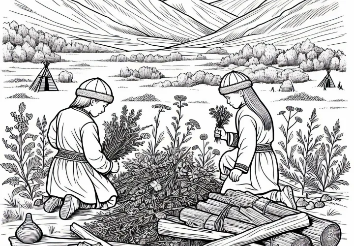 Barn samler urter og ved i steppe – Malemalingsmalning Hunner Gratis