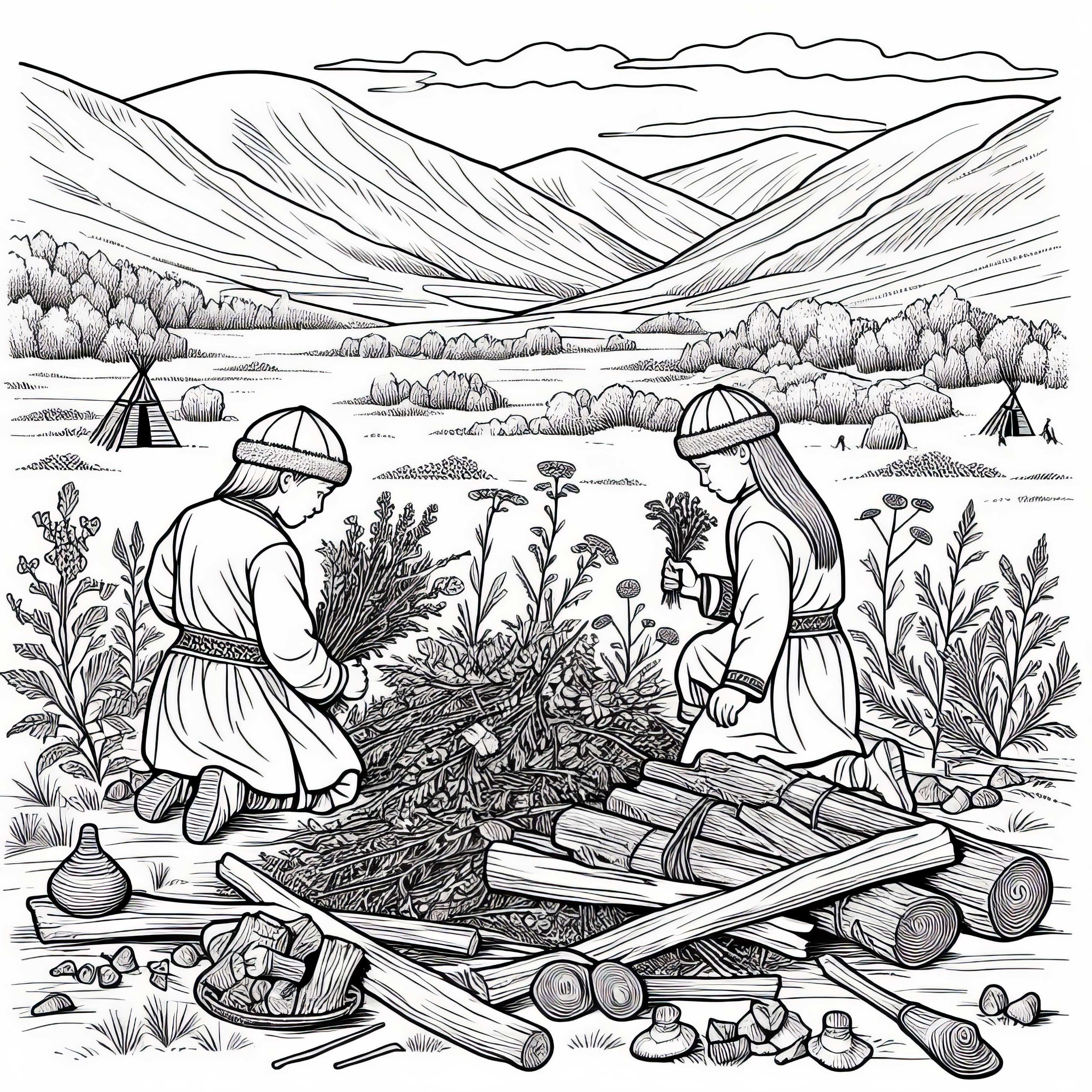 Otroci zbirajo zelišča in les v stepah - Brezplačna barvna predloga Hunov Otroci zbirajo zelišča in les v stepi – Barvna predloga Huni brezplačno