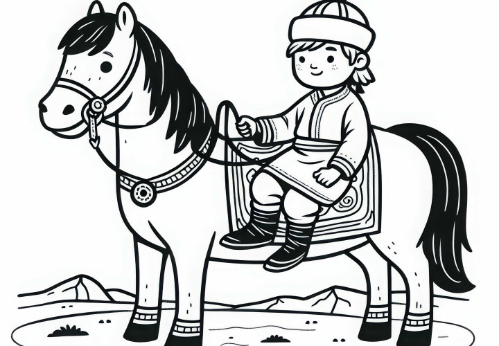 Bambino su pony disegno da colorare mongoli gratis