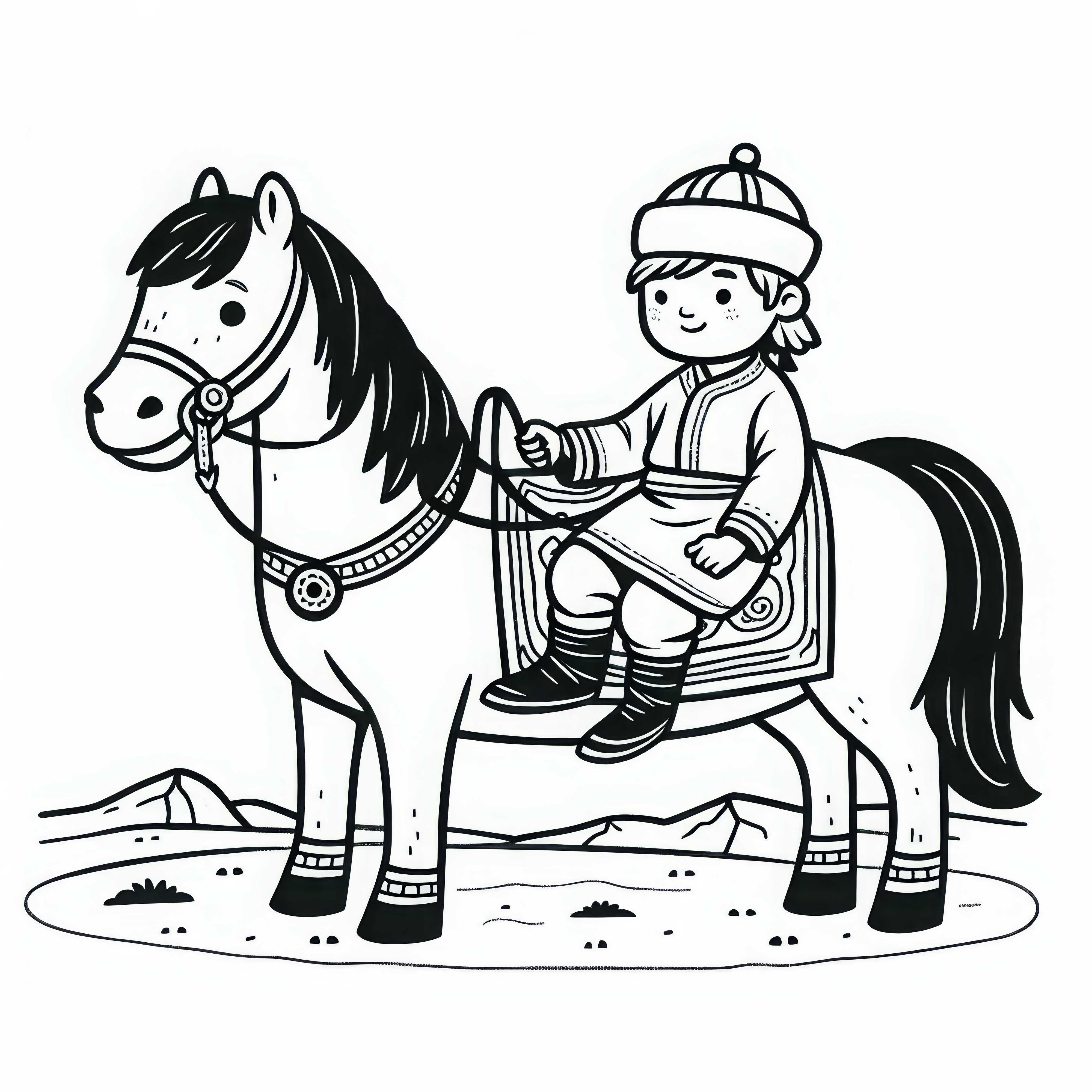 Bambino su pony, disegno da colorare, mongoli, gratuito