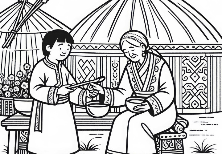 Vecchia donna davanti a una giurta – Disegno da colorare dell'epoca dei Mongoli