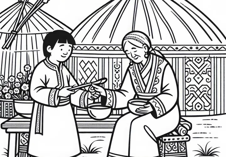 Старая женщина перед юurtой – раскраска времен Монголов