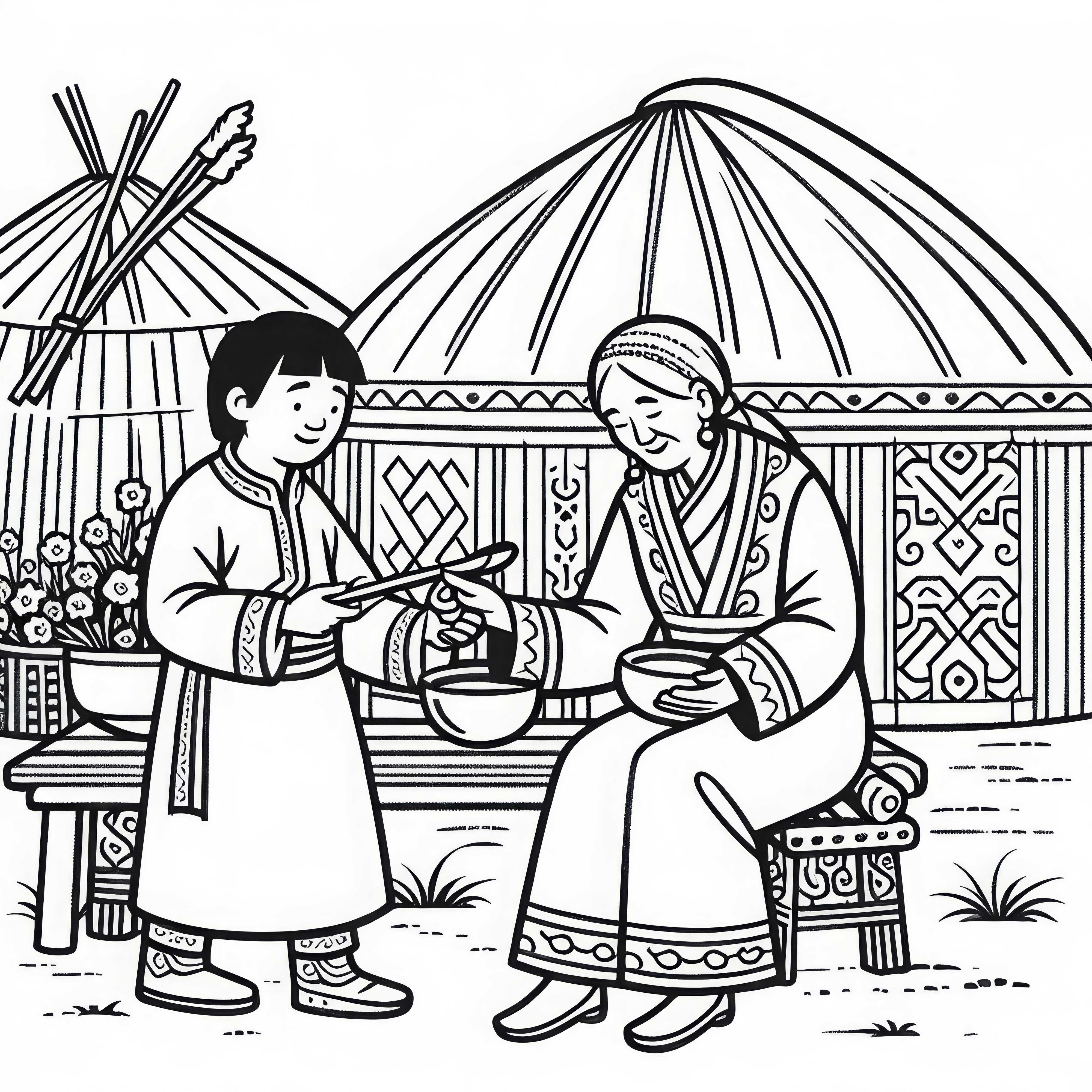 Vecchia donna davanti a una yurta - Disegno da colorare dell'epoca dei mongoli