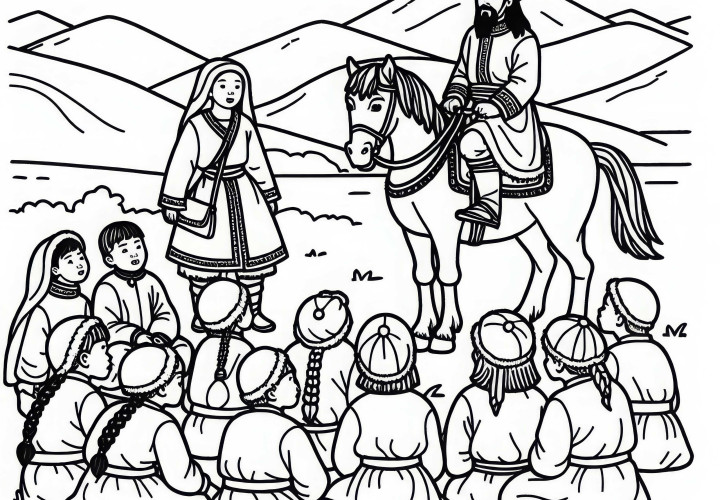 I bambini ascoltano i cavalieri che raccontano di grandi viaggi – Modello da colorare mongoli gratis