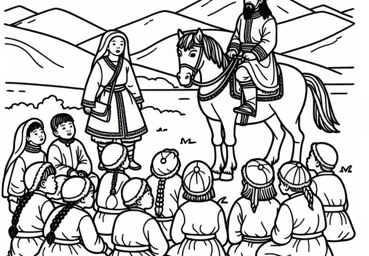 Дети слушают рассказчиков, которые повествуют о великих путешествиях – бесплатный раскраски монголов