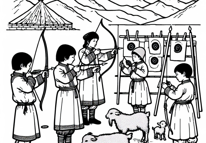 I bambini giocano con archi in miniatura e bersagli in pelle di capra - Disegno da colorare dei mongoli gratis