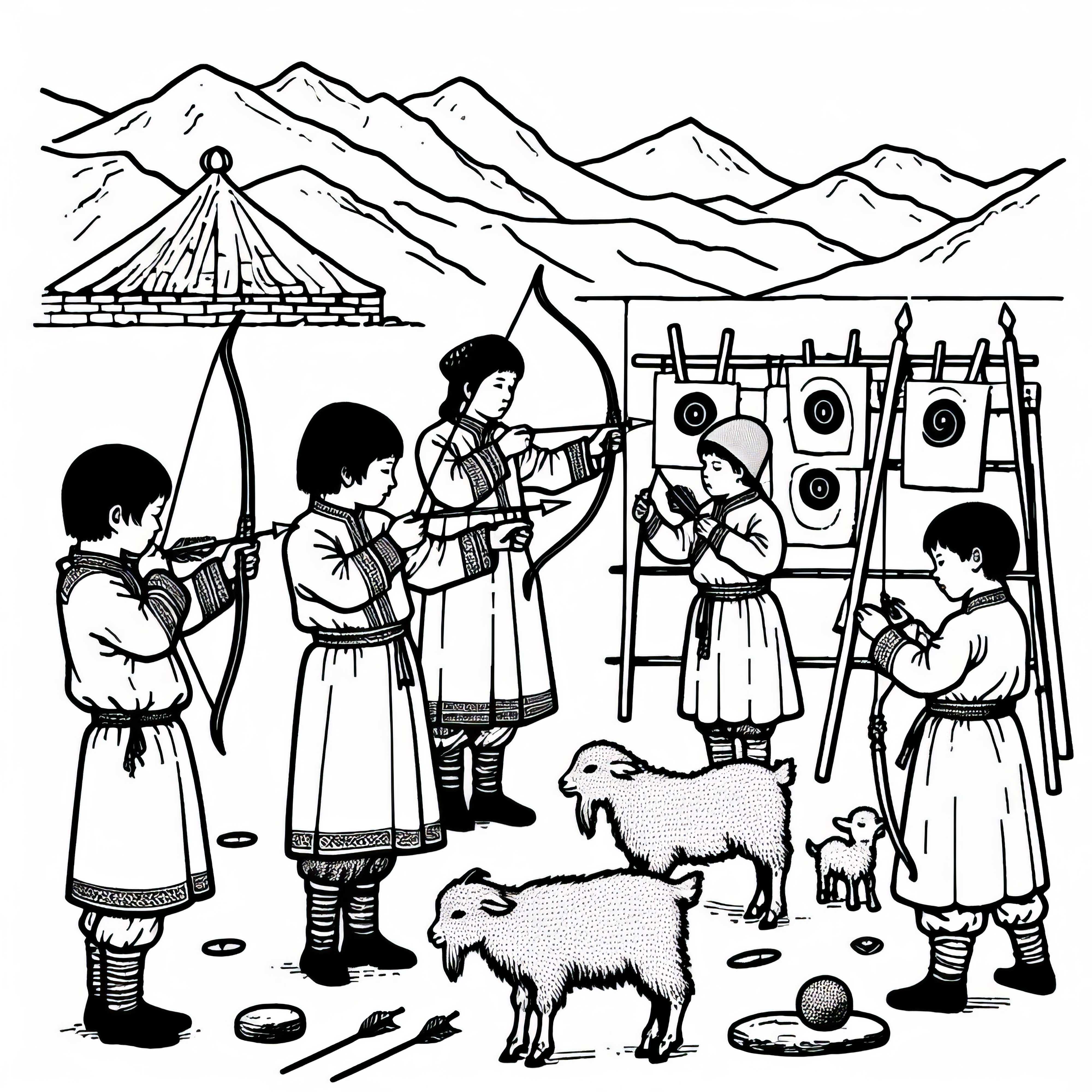 I bambini giocano con archi in miniatura e bersagli in pelle di capra – Disegno da colorare dei mongoli gratuito