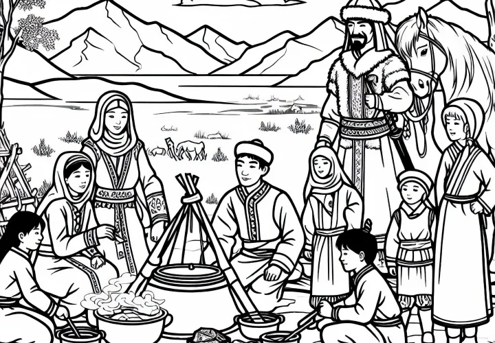 Семья готовит вместе на свежем воздухе – Раскраска для монголов бесплатно