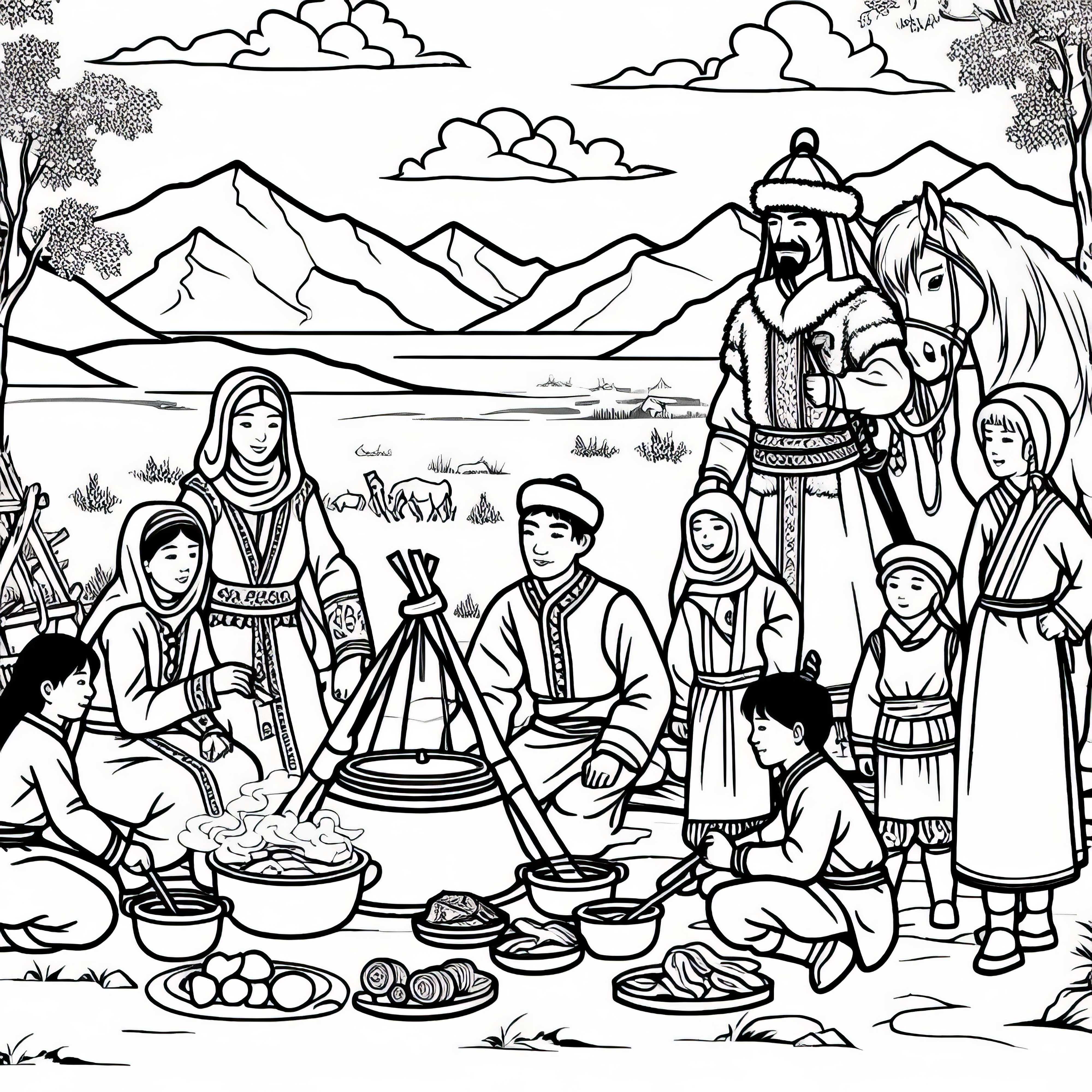 Famiglia che cucina insieme all'aperto - Modello da colorare dei mongoli gratuito