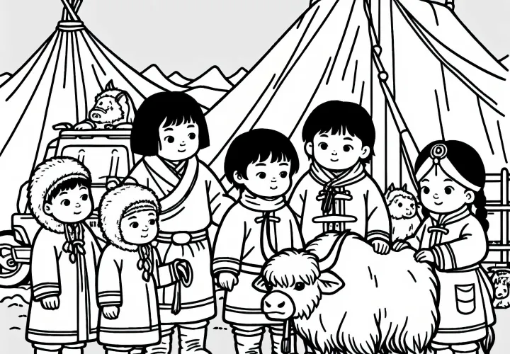 Дети гладят яку рядом с палаточным лагерем – бесплатная раскраска монголов
