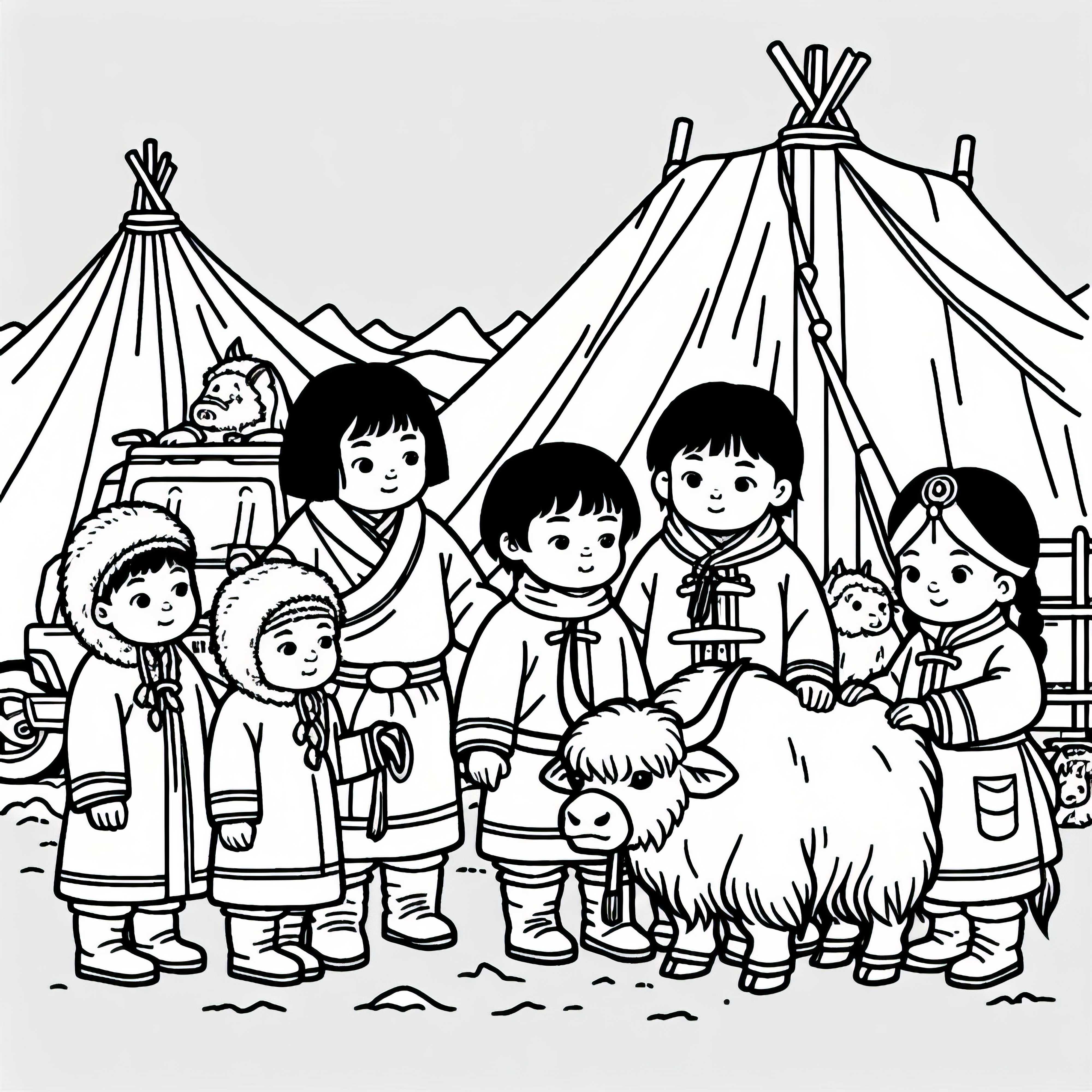 Bambini accarezzano una mucca Yak accanto a un campo tendato - Disegno da colorare dei Mongoli gratuito