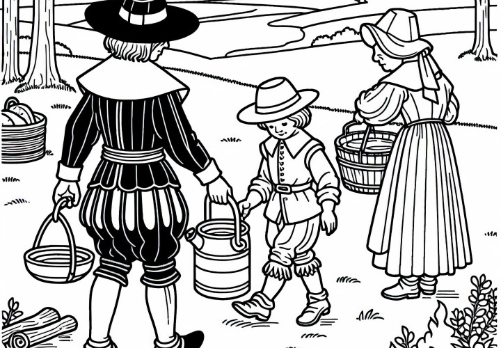 Las personas llevan suministros a la cocina de campo - Plantilla para colorear de la Guerra de los Treinta Años