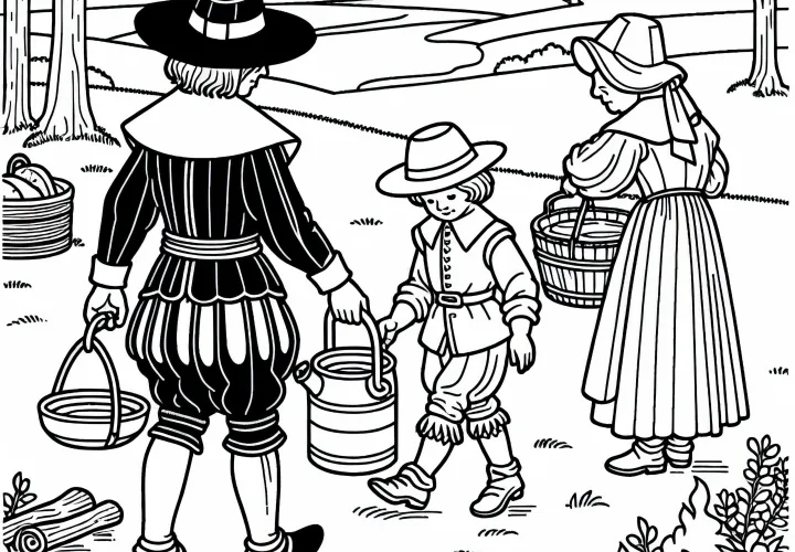 Люди приносят запасы на полевую кухню – раскраска Тридцатилетней войны