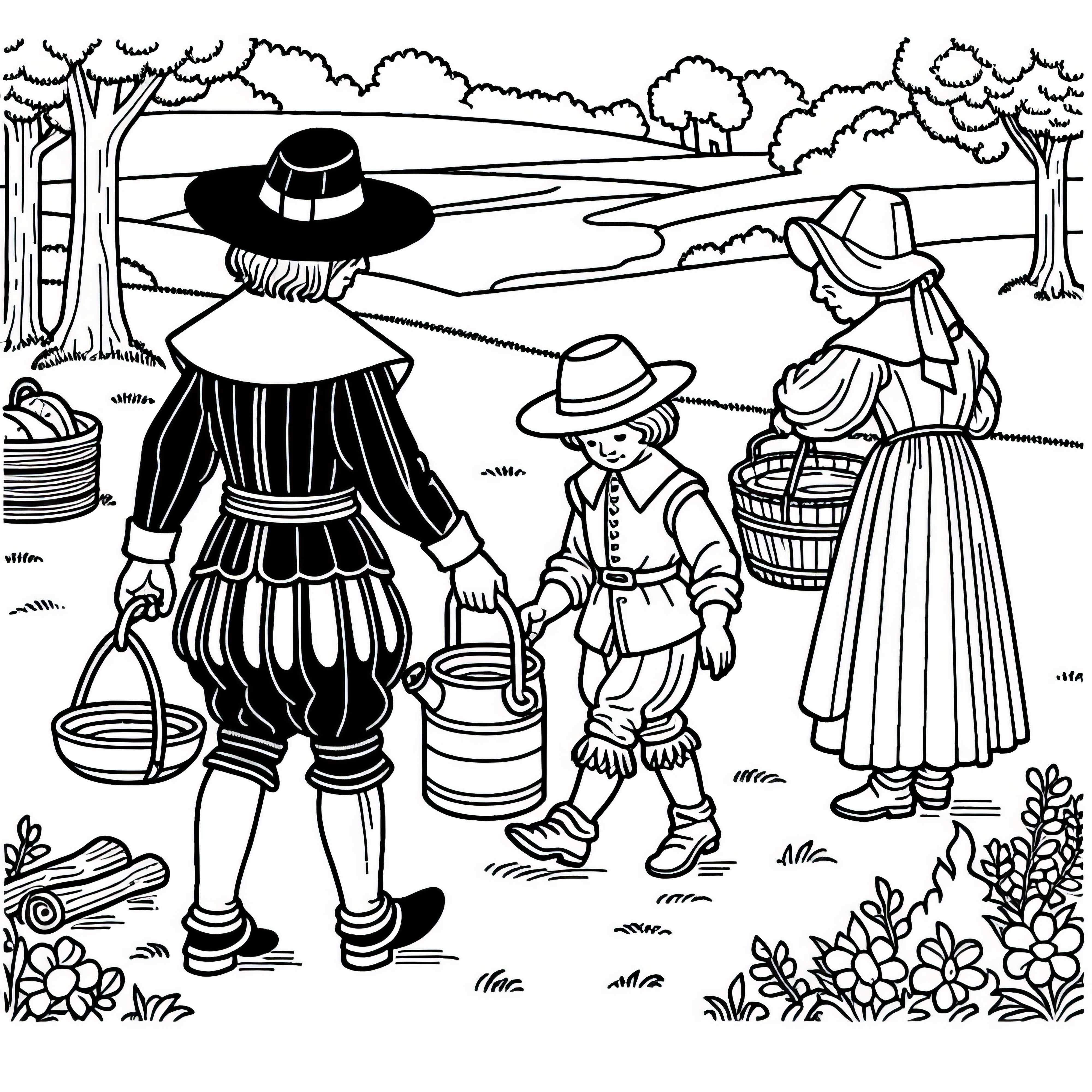 Las personas llevan suministros a la cocina de campo – plantilla para colorear de la Guerra de los Treinta Años