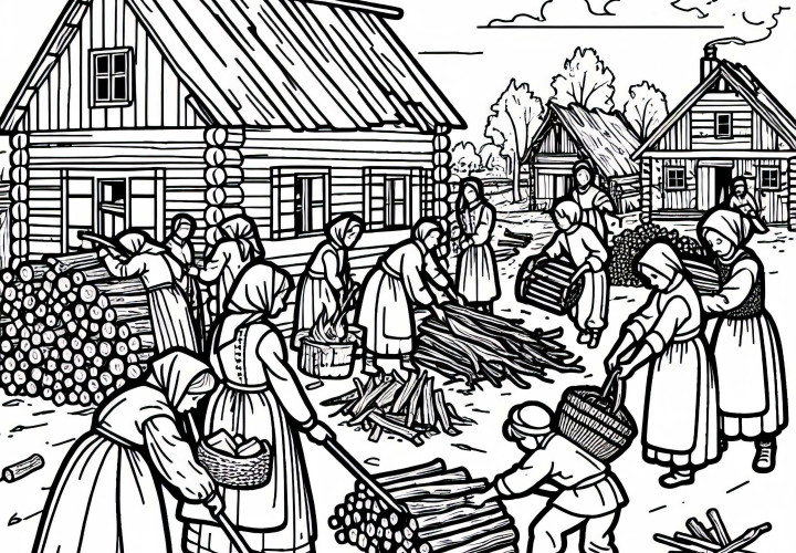 Recolección de madera en una aldea destruida de la época de la Guerra de los Treinta Años - Plantilla de pintura gratuita