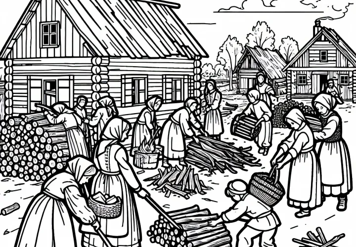 Сбор дров в разрушенной деревне времен тридцатилетней войны – Бесплатная раскраска