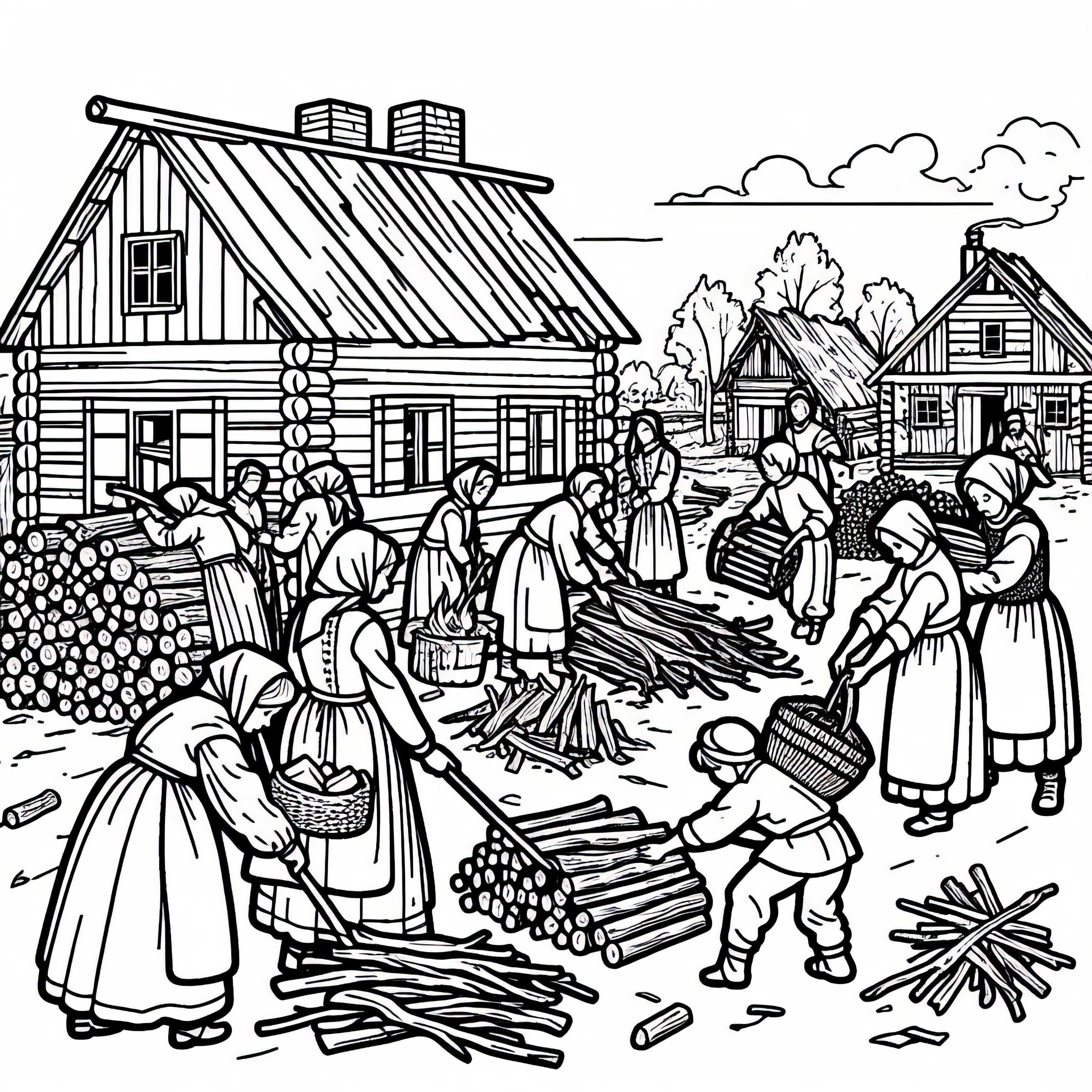 Collecting wood in a destroyed village from the time of the Thirty Years' War - Free coloring page Collecting wood in a destroyed village from the time of the Thirty Years' War – Free coloring page