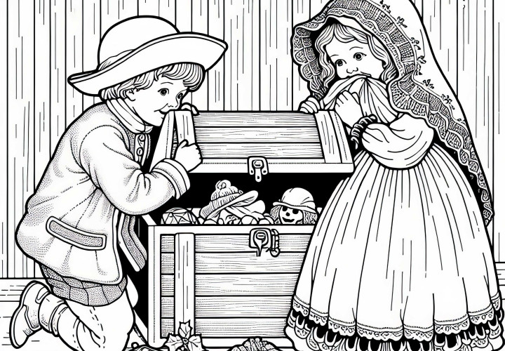 Los niños esconden juguetes valiosos en un cofre - Dibujo para colorear de la Guerra de los Treinta Años gratis