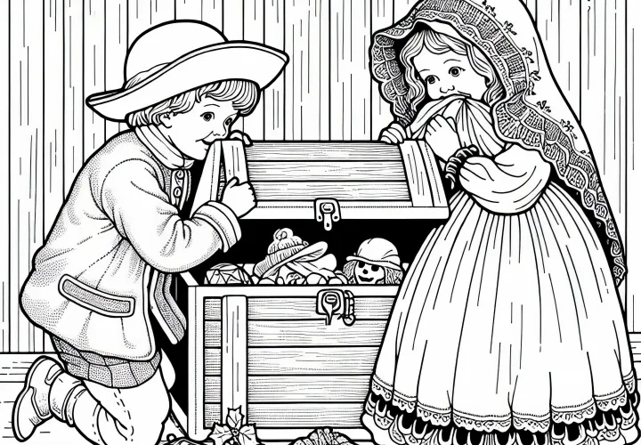 Дети прятат ценные игрушки в сундук – раскраска Тридцатилетней войны бесплатно