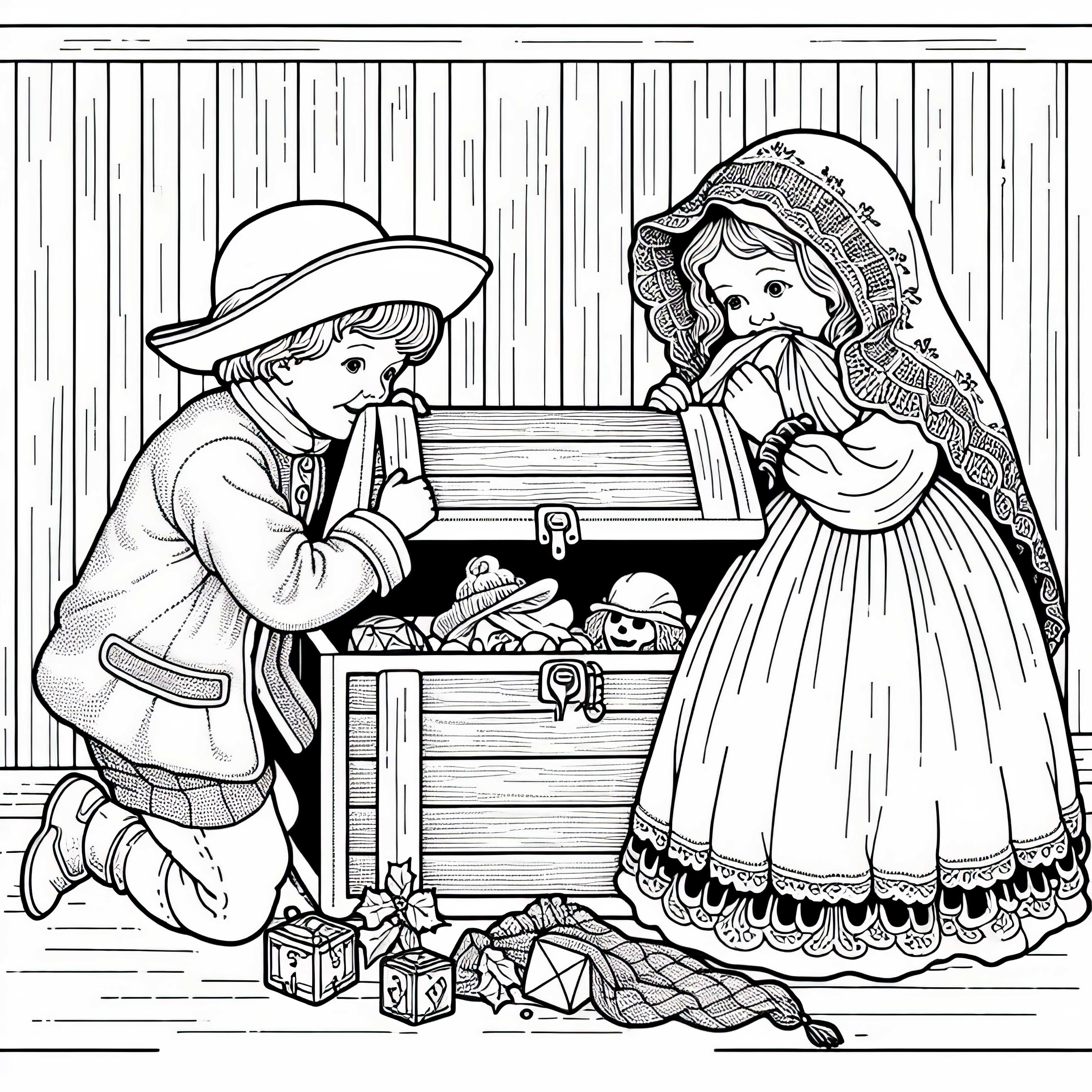 Los niños esconden juguetes valiosos en un cofre - Dibujo para colorear de la Guerra de los Treinta Años gratuito