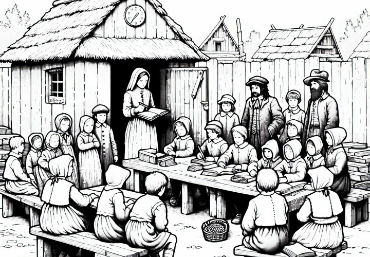 Niños sentados en una escuela provisional - Descargar gratuitamente un dibujo para colorear sobre la Guerra de los Treinta Años