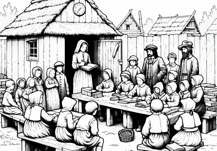 Дети сидят в временной школе – скачать бесплатно раскраску к Тридцатилетней войне