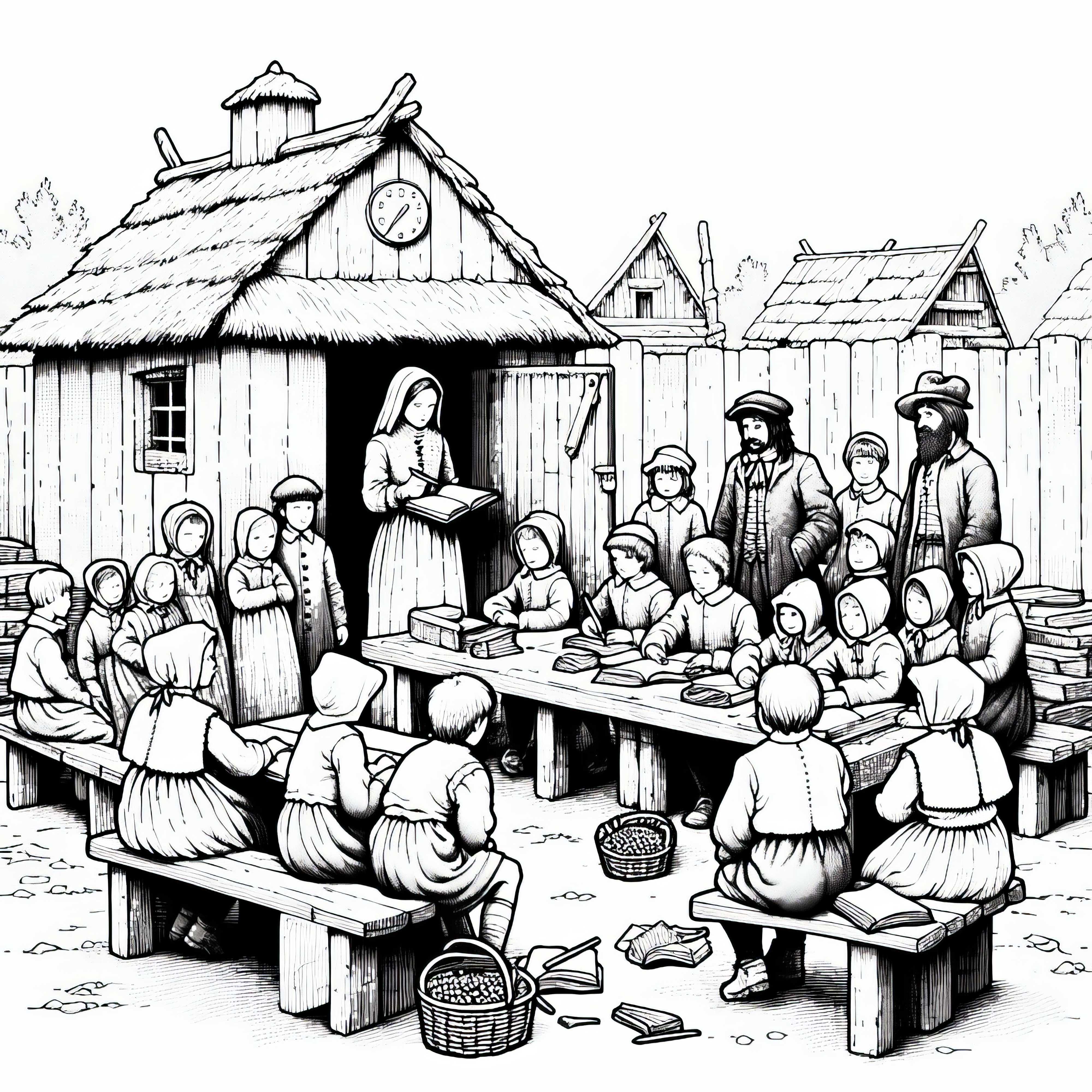 Los niños están sentados en una escuela provisional - Descarga gratuita de la imagen para colorear sobre la Guerra de los Treinta Años